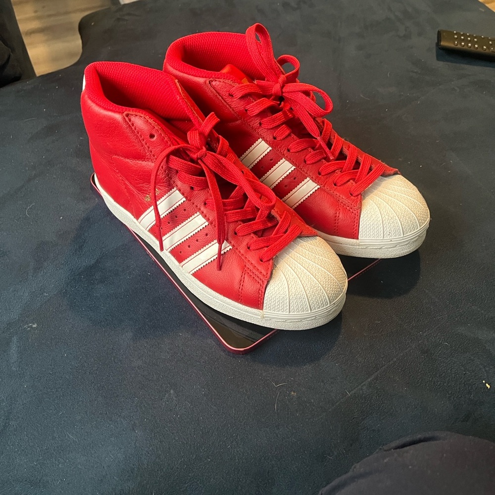 adidas Kids Red High-Top Sneakers with White Shell Toe and Stripes